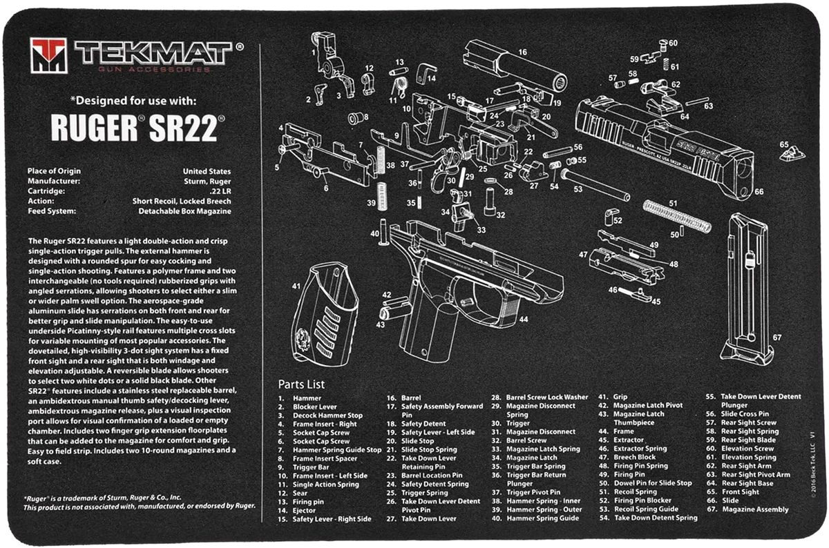 Tekmat TEKR17RUGERSR22 Ruger SR22 Cleaning Mat Black/White Rubber 11inx17in