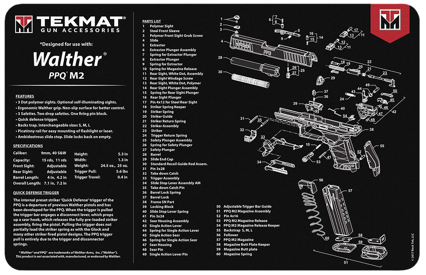 Tekmat TEKR17WALPPQM2 Walther PPQ MOD 2 Cleaning Mat Black/White Rubber 11i