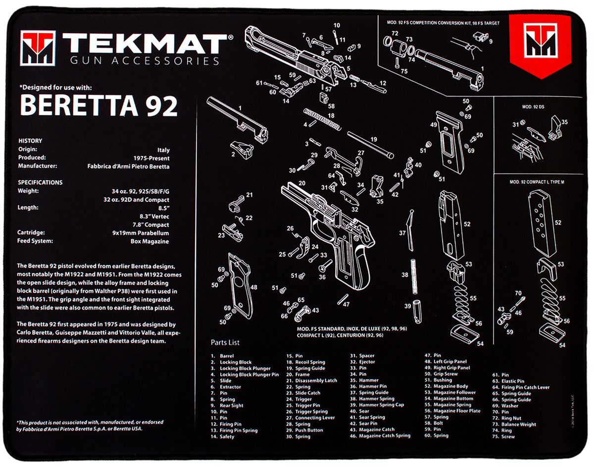 Tekmat TEKR20BER92 Beretta 92 Ultra 20 Cleaning Mat Black/White Rubber 15in