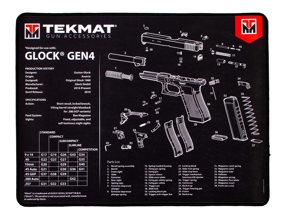 Tekmat TEKR20GLOCKG4 Glock Gen4 Ultra 20 Cleaning Mat Black/White Rubber 15