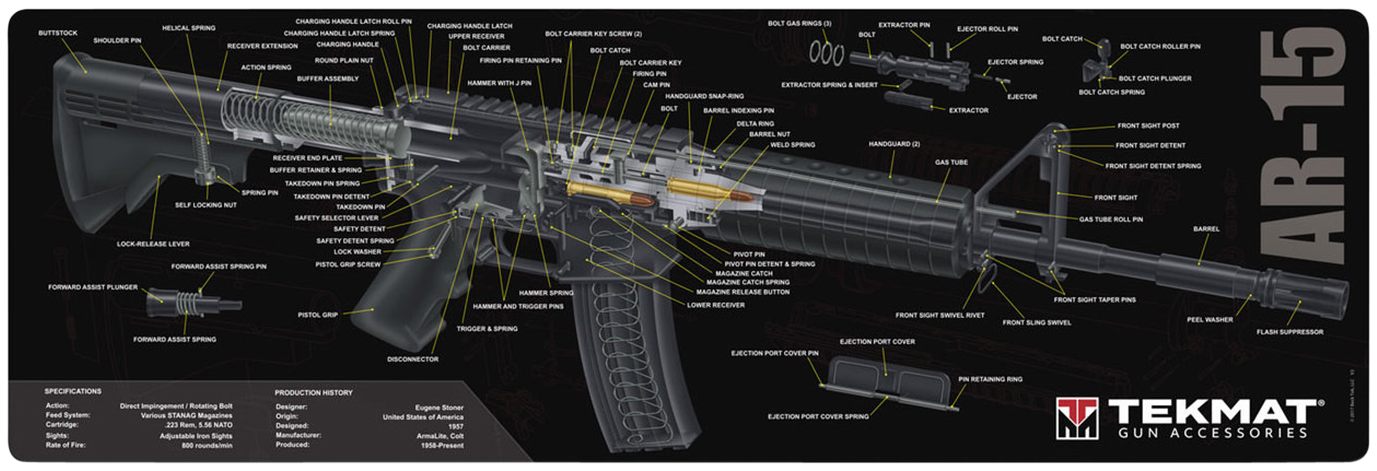 TekMat TEKR36AR15 Cleaning Mat Black/White Rubber 12inx36in AR-15 3D Cutawa