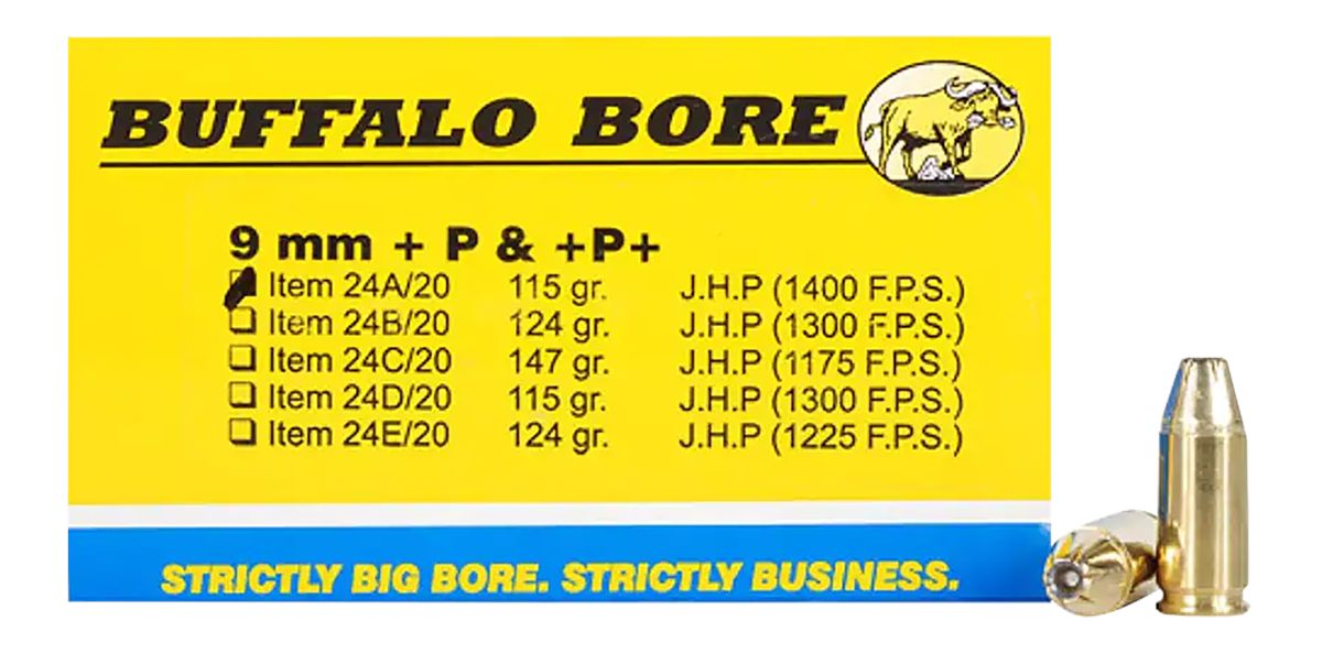 Buffalo Bore Ammunition 24A20 Personal Defense Strictly Business 9mmLuger +P+ 115gr Jacket Hollow Point 20 Per Box/12 Case