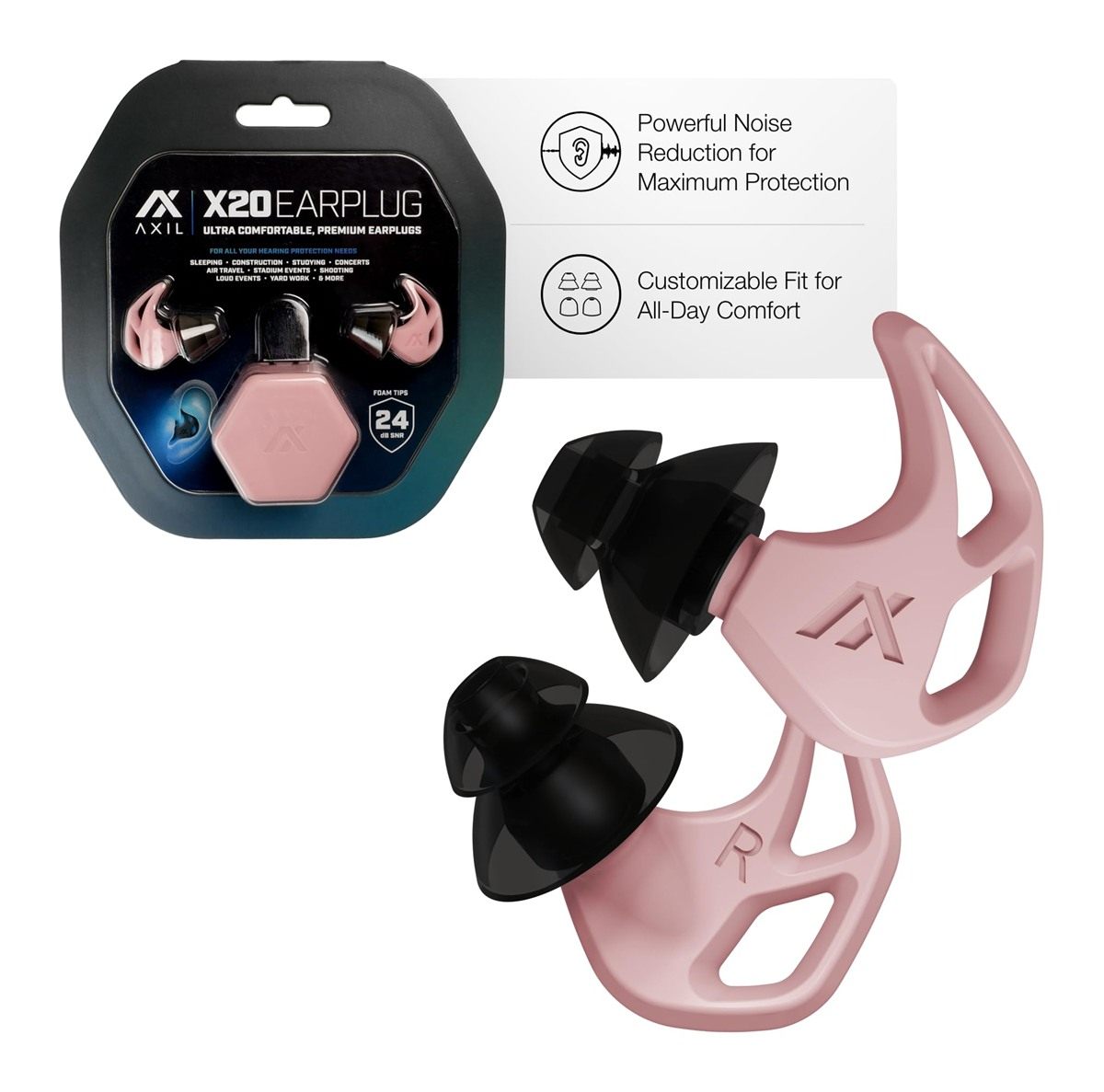 Axil X20 Noise Reduction Ear Plugs - Pink - Customizable Fit Hearing Protec
