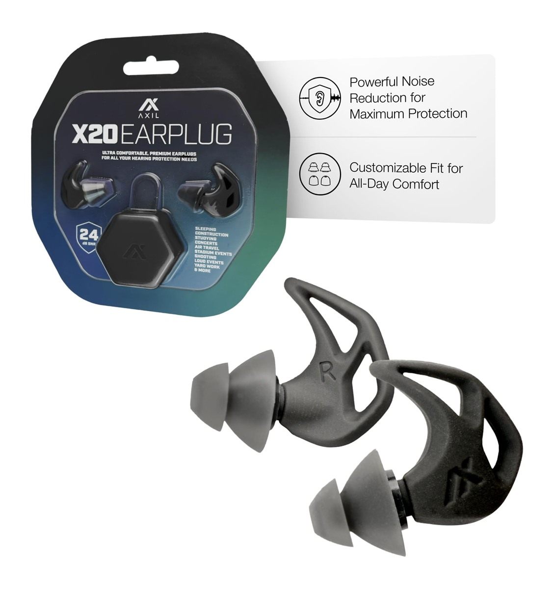 Axil X20 Noise Reduction Ear Plugs - Black - Customizable Fit Hearing Prote