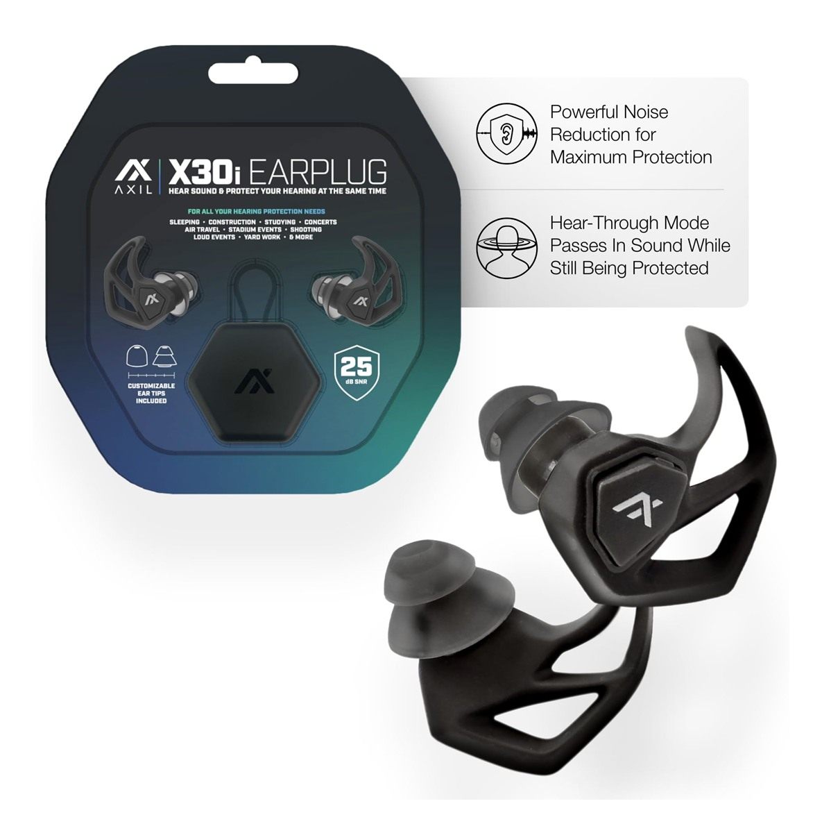 Axil X30i Noise Reduction Ear Plugs - Black - Hear-Through Mode Protection view 2