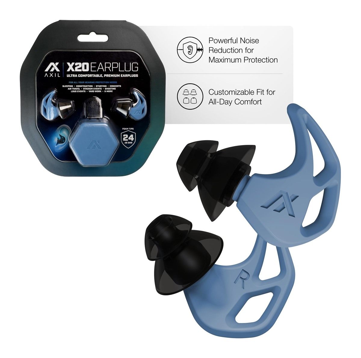 Axil X20 Noise Reduction Ear Plugs - Blue - Customizable Fit Hearing Protec