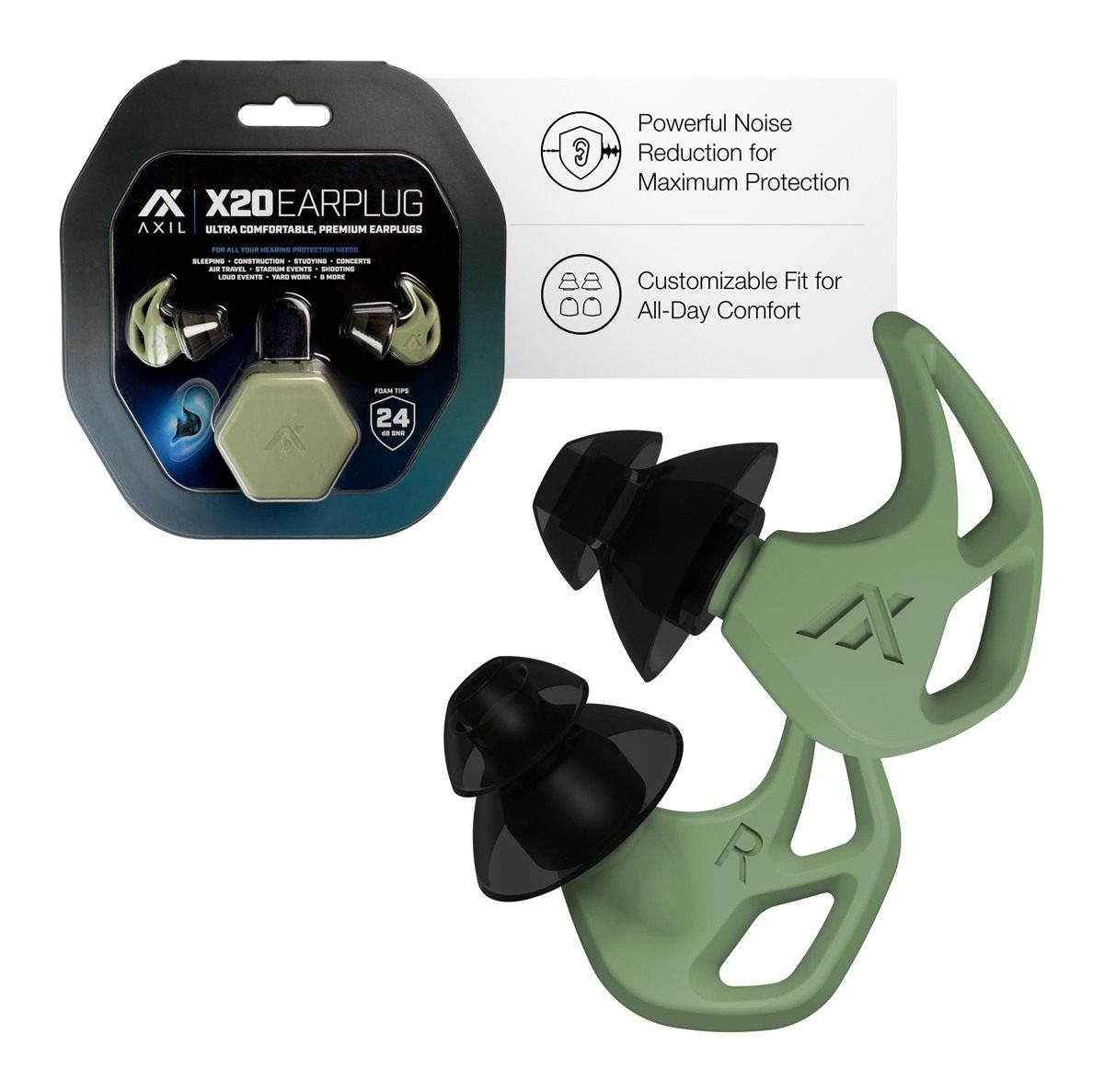 Axil X20 Noise Reduction Ear Plugs - Green - Customizable Fit Hearing Prote