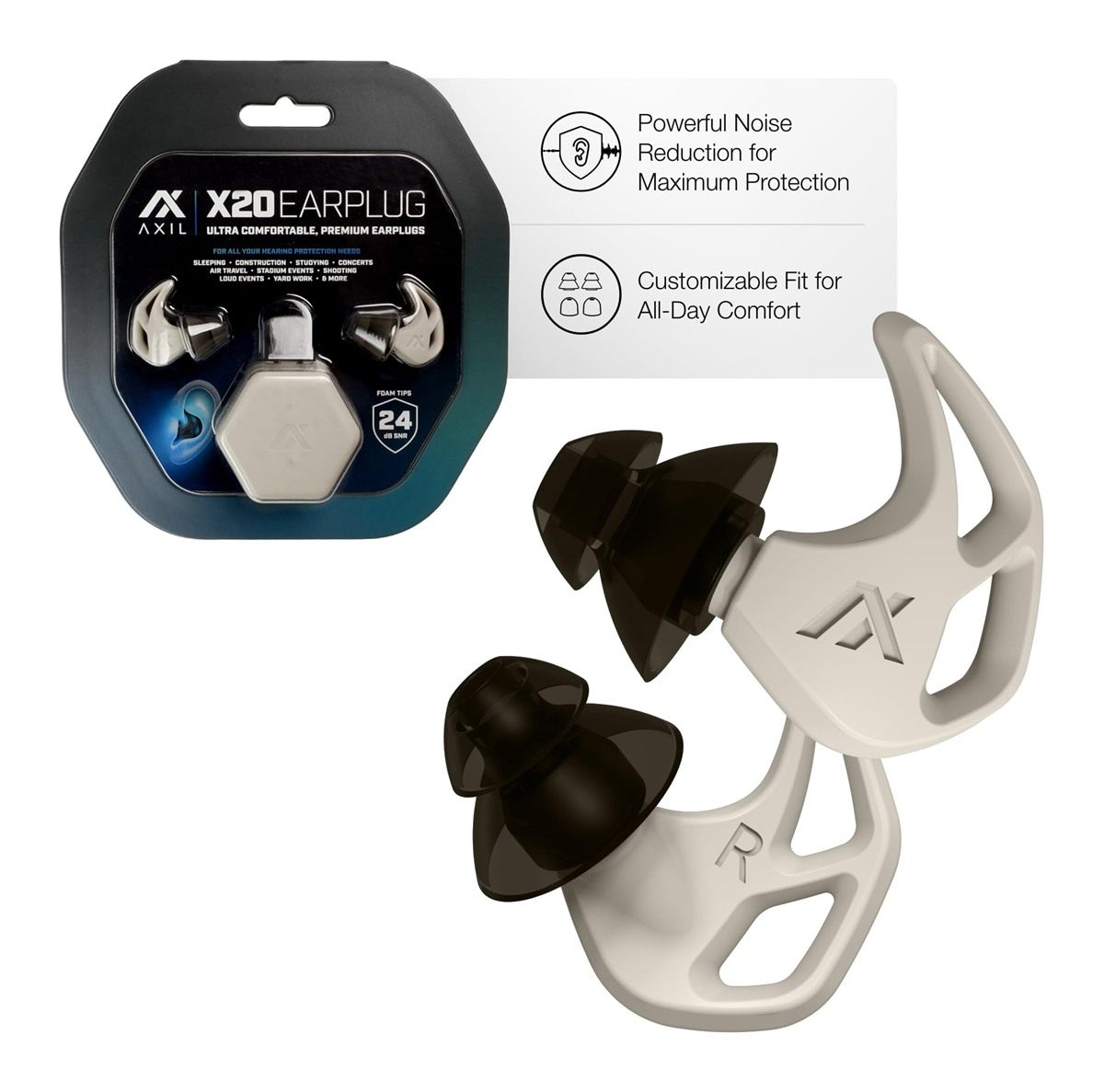 Axil X20 Noise Reduction Ear Plugs - Bone - Customizable Fit Hearing Protec