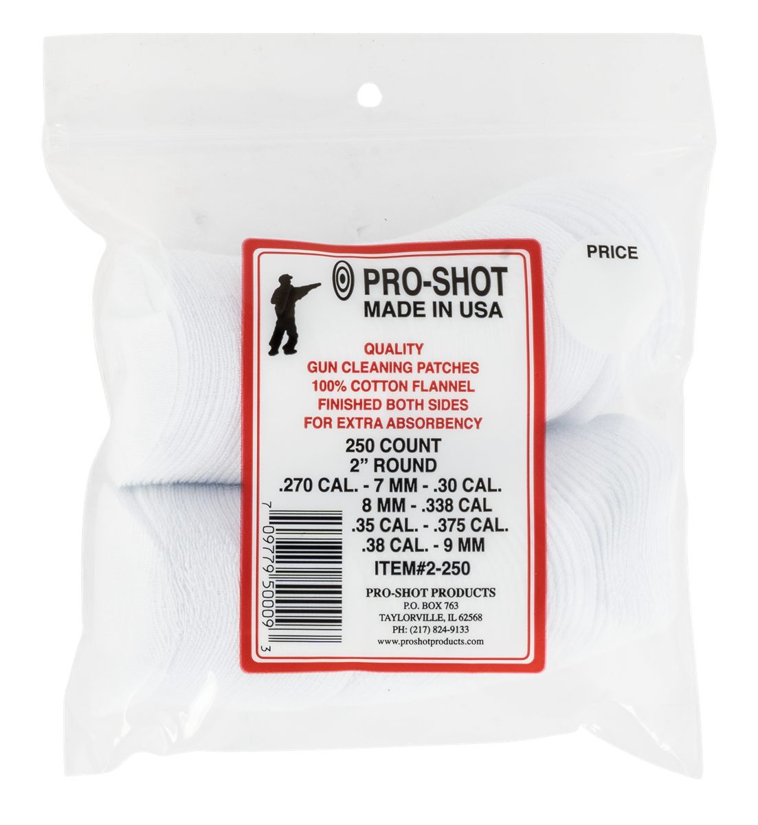 Pro Shot 2250 Cleaning Patches .270 - .38 Cal 2in Round Cotton Flannel 250