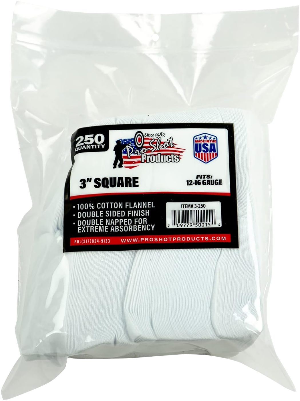 Pro Shot 3250 Cleaning Patches 12-16 Gauge 3in Square Cotton Flannel 250 Pa