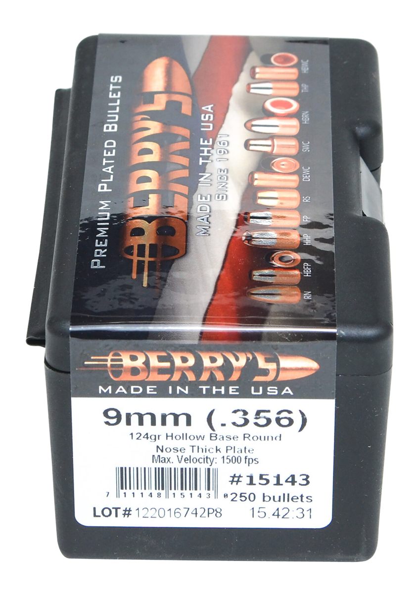 Berry's 15143 Superior Pistol 9mm/356 124gr Hollow Base Round Nose Thick Pl
