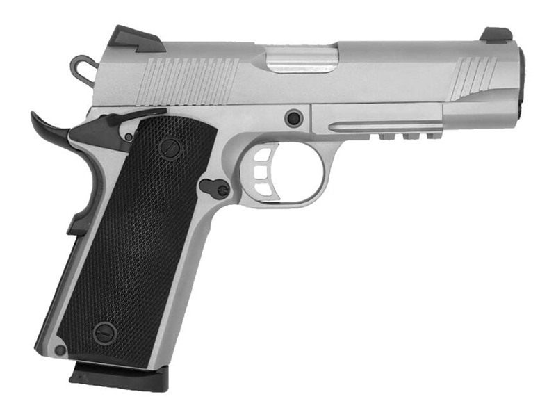 Tisas 1911 45ACP 4.25in SS, Rail, Rubber, ENH, 2-8RD