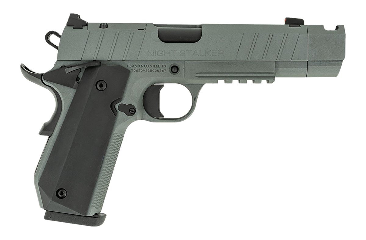 Tisas 10100133 1911 Night Stalker Carry Frame 9mm Luger 10+1 4.25" Black Cerakote Bull Barrel, Gray Cerakote Serrated Steel Slide, Gray Cerakote Steel Frame w/Beavertail & Picatinny Rail