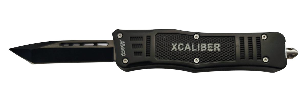 Xcaliber Knife Company 45 ACP 3.25in OTF Tanto Plain Black 440C SS Blade, 4