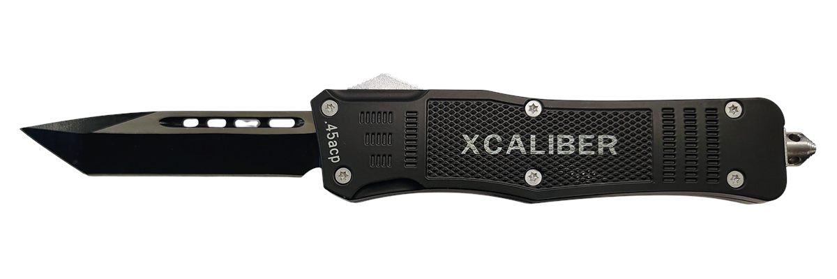 Xcaliber Knife Company 45 ACP Large 3.80in OTF Tanto Plain Black 440C SS Bl