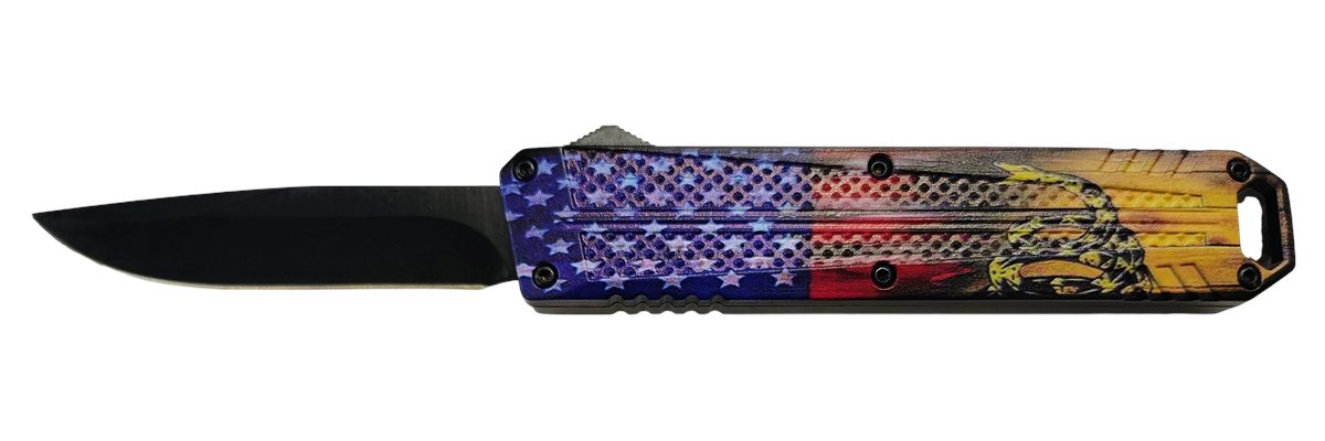Xcaliber Knife Company Don't Tread on Me 3.20in OTF Drop Point Plain Black