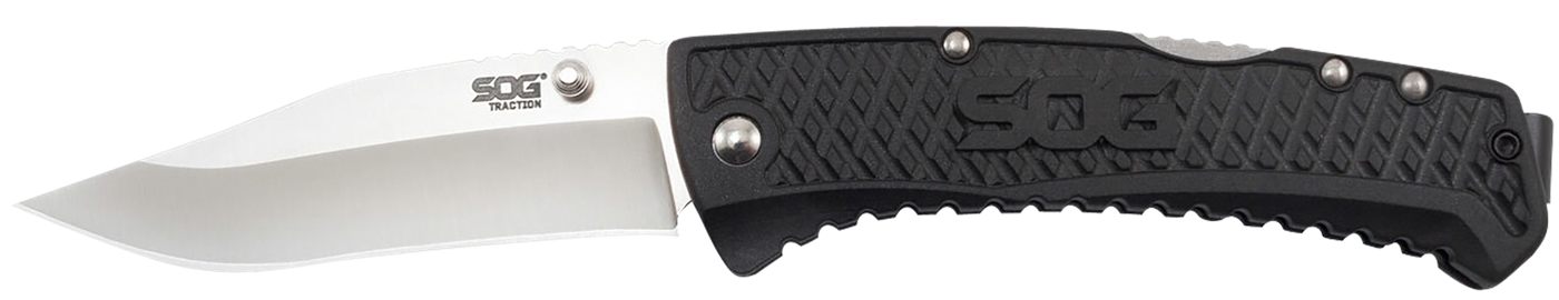 SOG Knives Traction 3.50in Folding Clip Point Plain Satin 5 Cr13 MoV SS Bla
