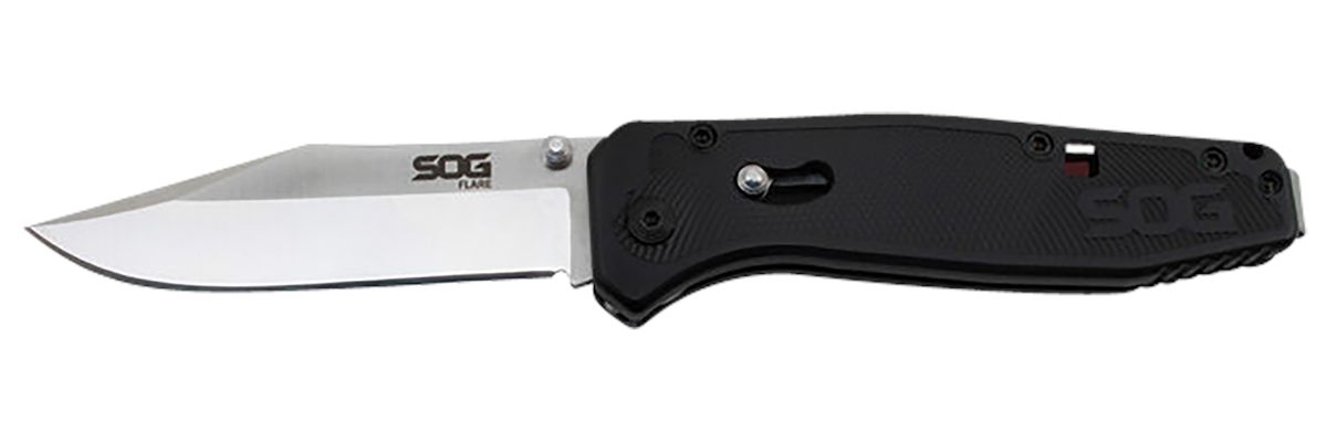 SOG Knives Flare 3.50in Folding Plain Clip Point Satin Polished/Black GRN H