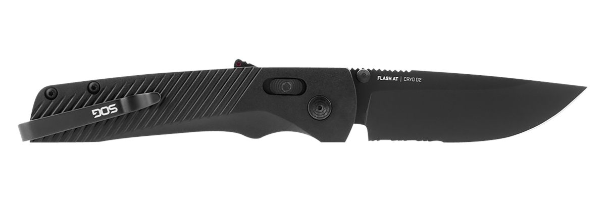 SOG Knives Flash AT 3.45in Folding Part Serrated Black TiNi Cryo D2 Steel B