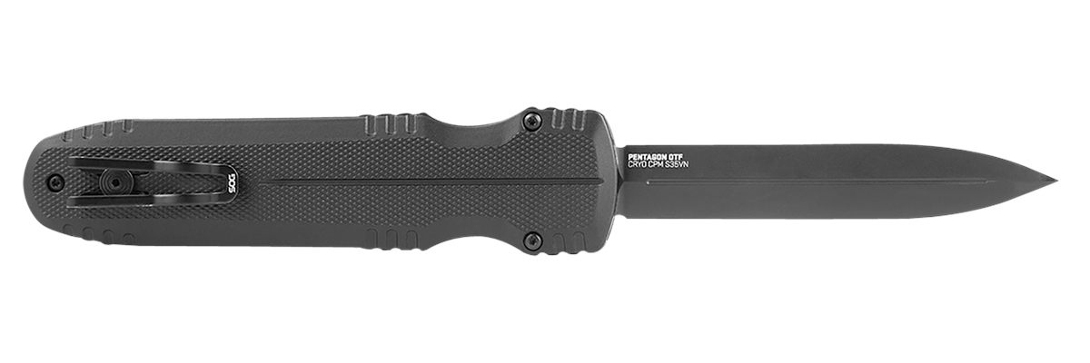 SOG Knives Pentagon 3.79in OTF Spear Point Plain Black TiNi Cryo CPM S35VN