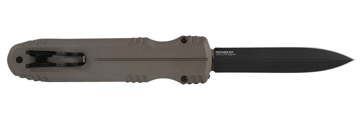 Sog Specialty Knives Pentagon 3.79in OTF Spear Point Plain Black TiNi Cryo