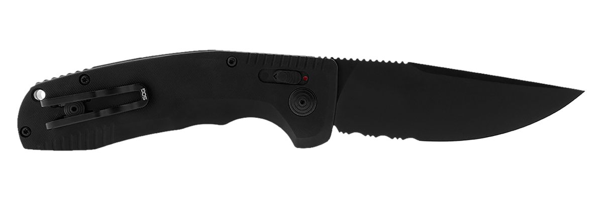 SOG Knives Auto 3.43in Folding Part Serrated Black TiNi Cryo D2 Steel Blade