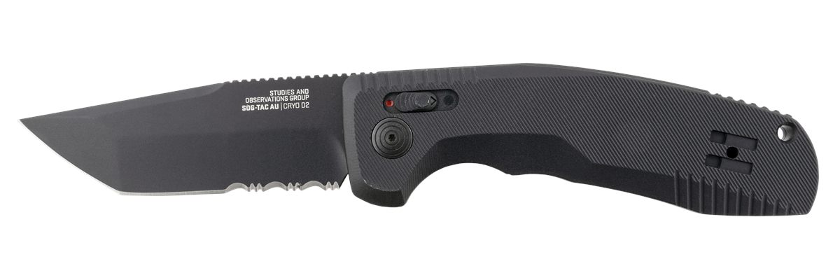 SOG Knives Auto 3.43in Folding Tanto Part Serrated Black TiNi Cryo D2 Steel