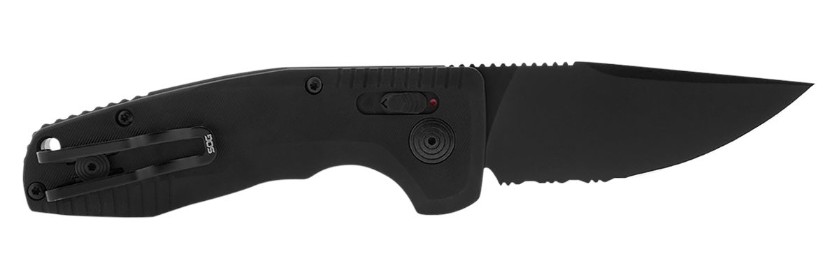 SOG Knives Auto Compact 2.94in Folding Straight Back Part Serrated Black Ti