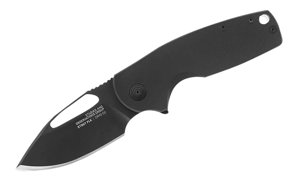 SOG Knives Stout FLK 2.62in Folding Clip Point Plain Black TiNi Cryo D2 Bla