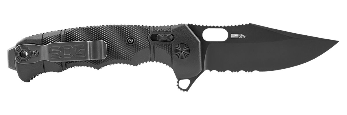SOG Knives Seal XR 3.90in Folding Clip Point Part Serrated Black Cerakote S