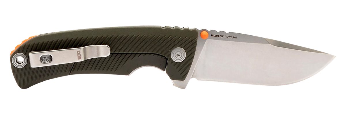 SOG Knives Tellus FLK 3.65in Folding Clip Point Plain Stonewashed Cryo 440C
