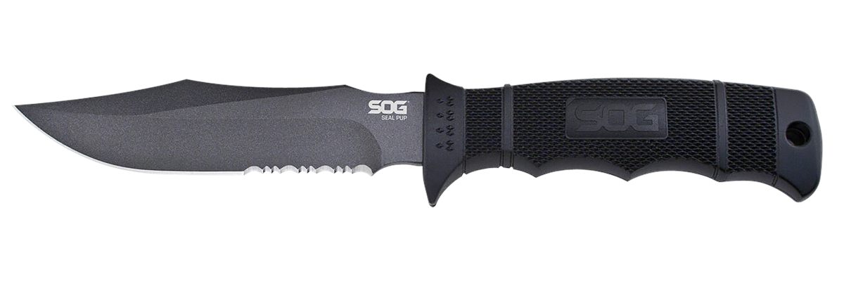 SOG Knives Seal Pup 4.75in Fixed Clip Point Part Serrated Powder Coated AUS