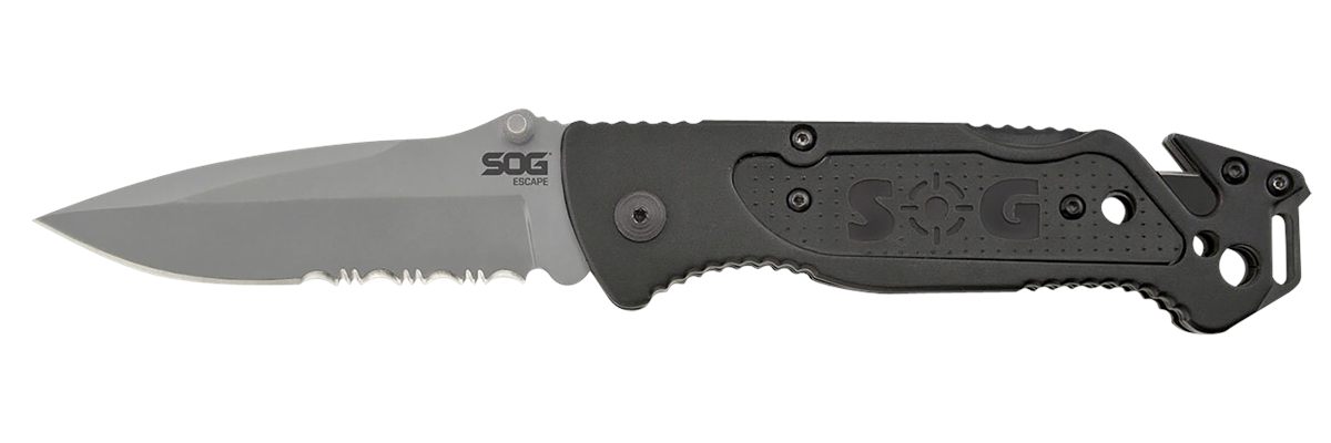 SOG Knives Escape 3.40in Folding Clip Point Part Serrated Bead Blasted 9 Cr