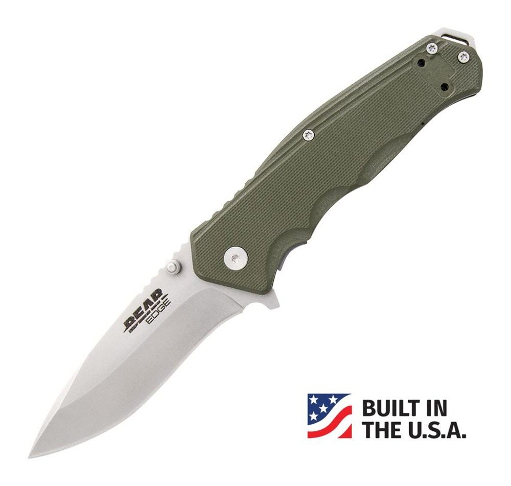Bear Son Cutlery G10 Sideliner Folding Knife 3/8in Drop Point Blade OD Gree