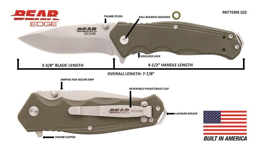 Bear Son Cutlery G10 Sideliner Folding Knife 3/8in Drop Point Blade OD Gree view 3