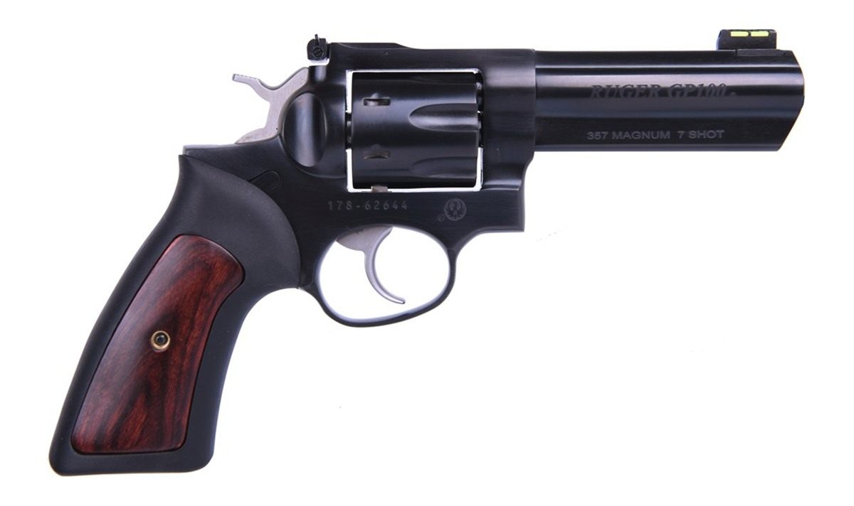 Ruger GP100 357MAG 4.20in ADJ. Blue Rubber W/Hardwood 7-Shot