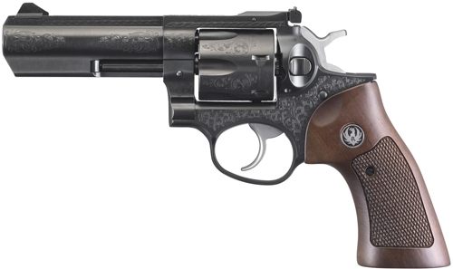 Ruger GP100 Deluxe Revolver 357 MAG 4in (Talo)Blued Hogue Grip Custom Engra view 2
