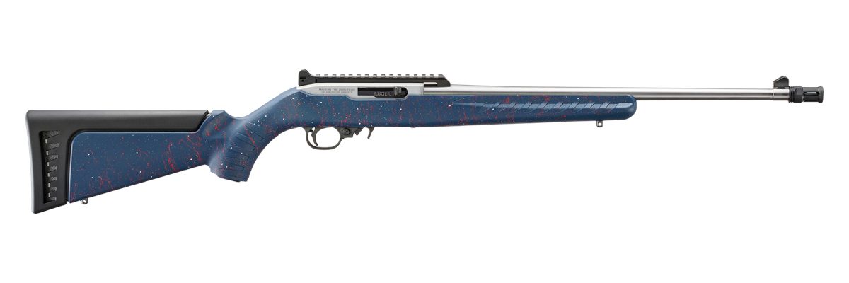 Ruger 32039 10/22 250th Anniversary 22 LR 10+1 18.50" Satin Stainless Threaded Barrel, Engraved Satin Stainless Steel Receiver w/Picatinny Rail, Liberty Blue w/Red & White Splatter Ruger Modular Syste