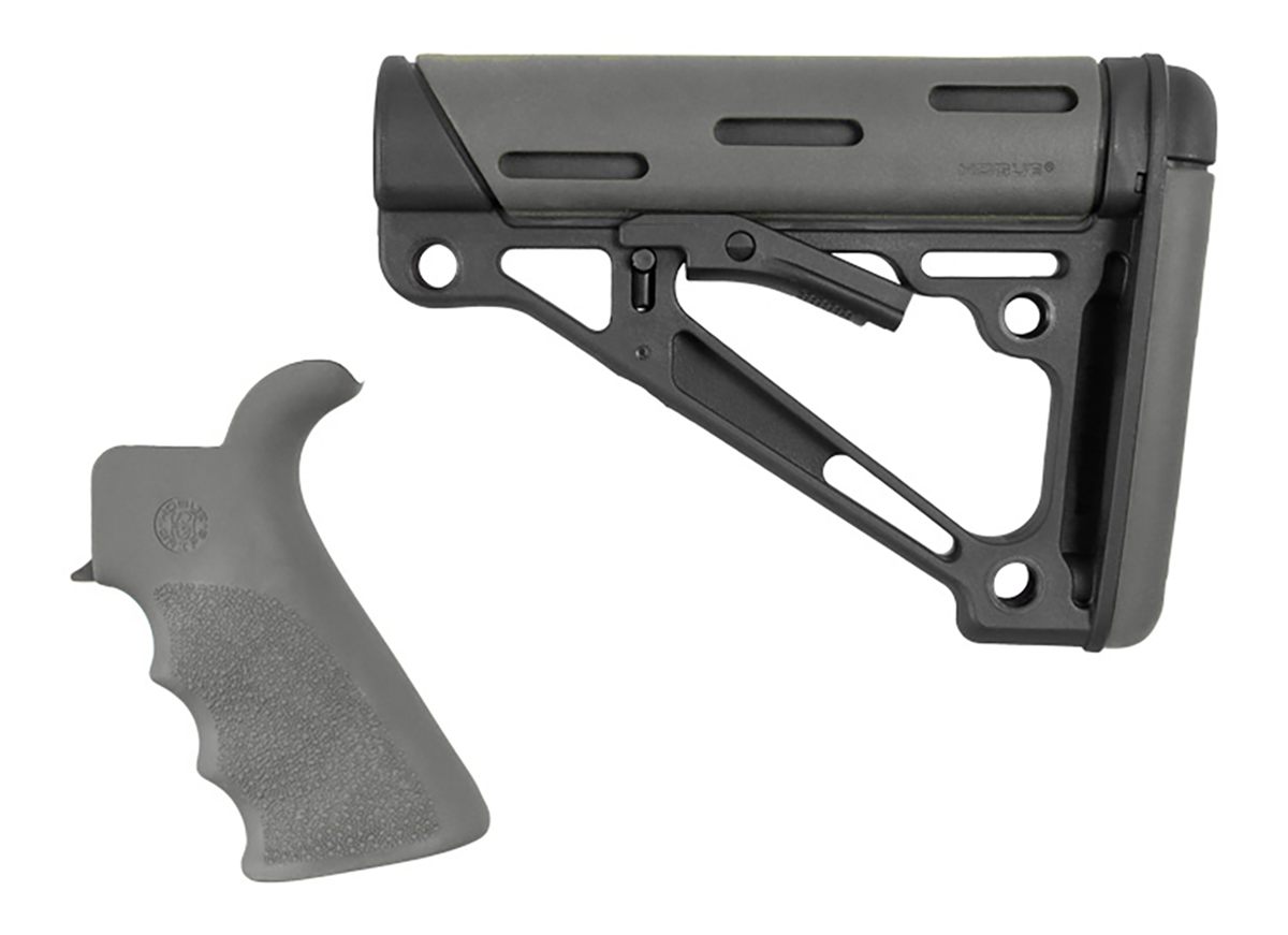 Hogue 15556 OverMolded Collapsible Buttstock Black Synthetic & Slate Gray OverMolded Rubber Stock Slate Gray Rubber Finger Grooved Grip for AR-15, M16 with Mil-Spec Buffer Tube (Tube Not Included)