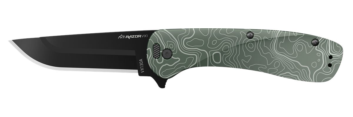 Outdoor Edge Razor VX1(Green Topo MAP)3in Replacable Blade Spring Assist ED