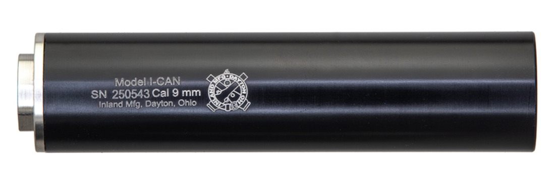 INLAND I-CAN 6" Aluminum Black Type III Anodized Black 9mm Suppressor, 1/2x28 direct thread base