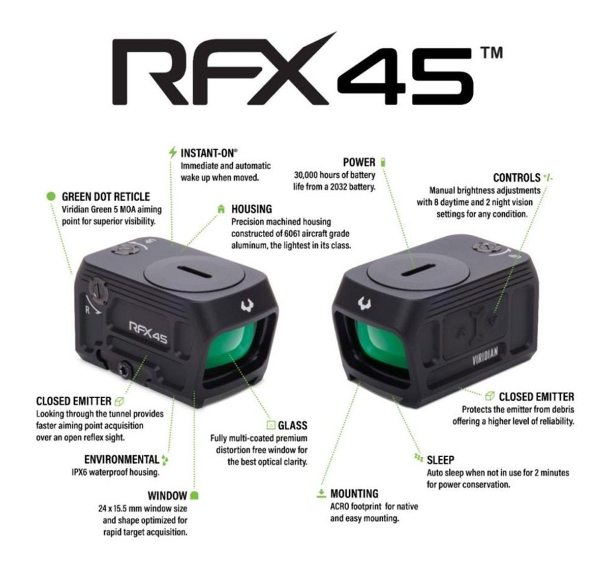 Viridian Weapon Technologies RFX45 Closed Emitter Green Dot Reflex Sight view 3