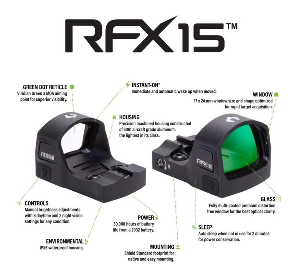 Viridian Green Lasers RFX15 1x17 Micro Dot Reflex Sight - Shield Mounting p view 4