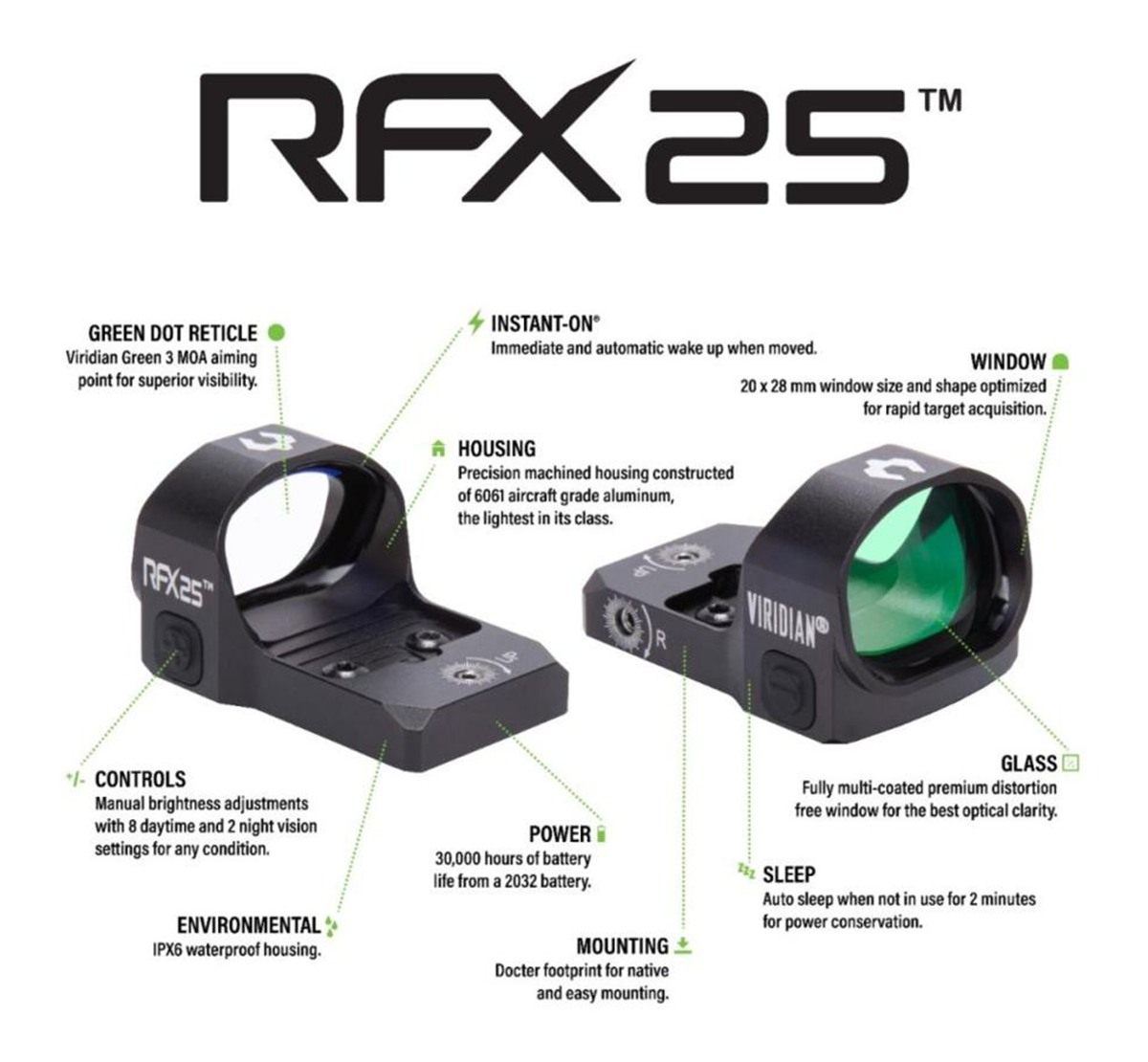 Viridian Green Lasers RFX25 1x20 Micro Dot Reflex Sight - Docter Mounting p view 3