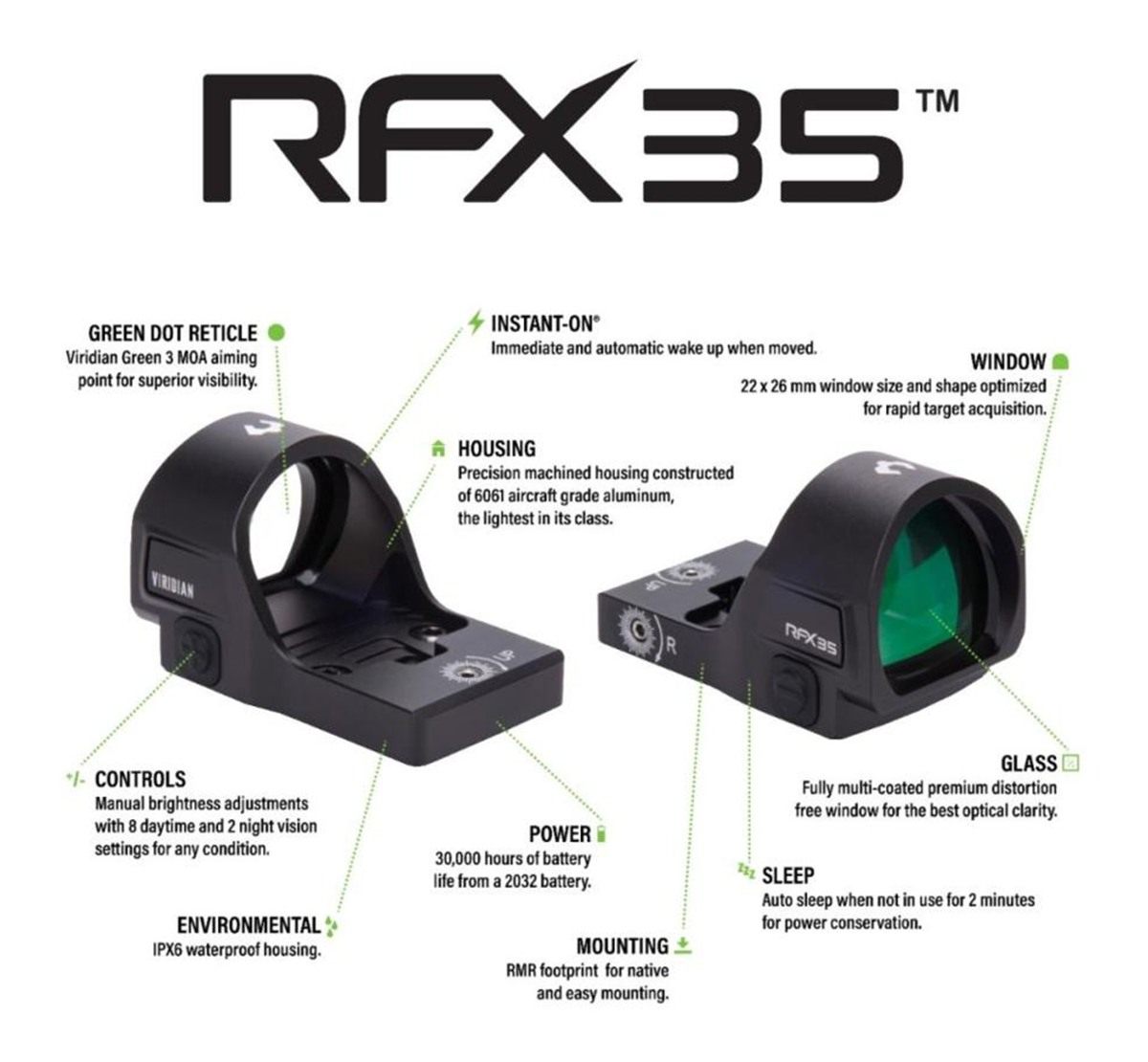 Viridian Green Lasers RFX35 1x22 Micro Dot Reflex Sight - RMR Mounting Patt view 2
