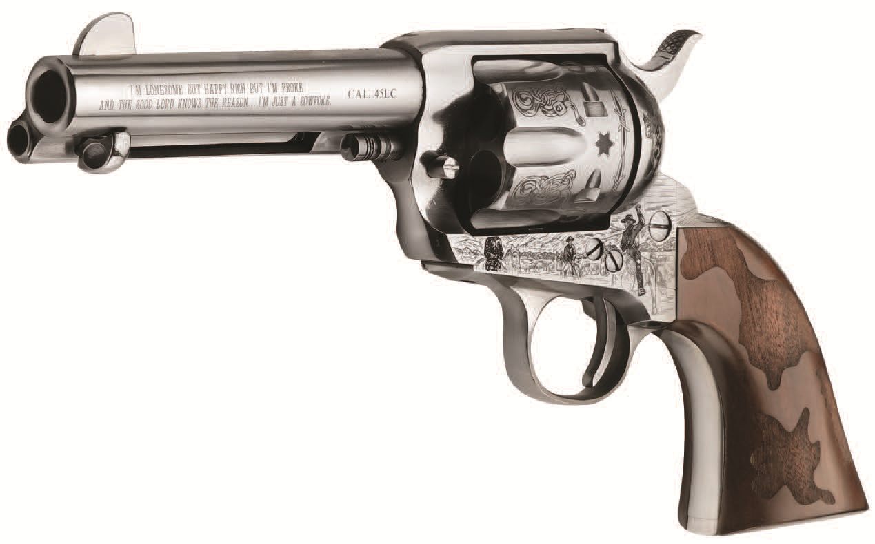 EMF Cowpoke 357 MAG 4.75in Engraved Nickel Wood