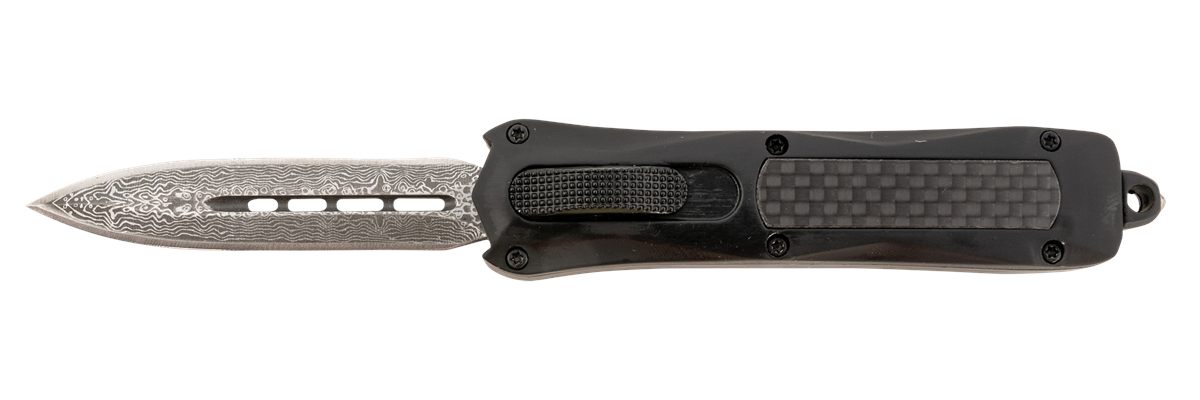 Steel River Knives MA163BDD Spartan  Mini 2.70" OTF Dagger Plain Damascus 440C SS Blade/ Black w/Carbon Fiber Inlay Aluminum Zinc Alloy Handle