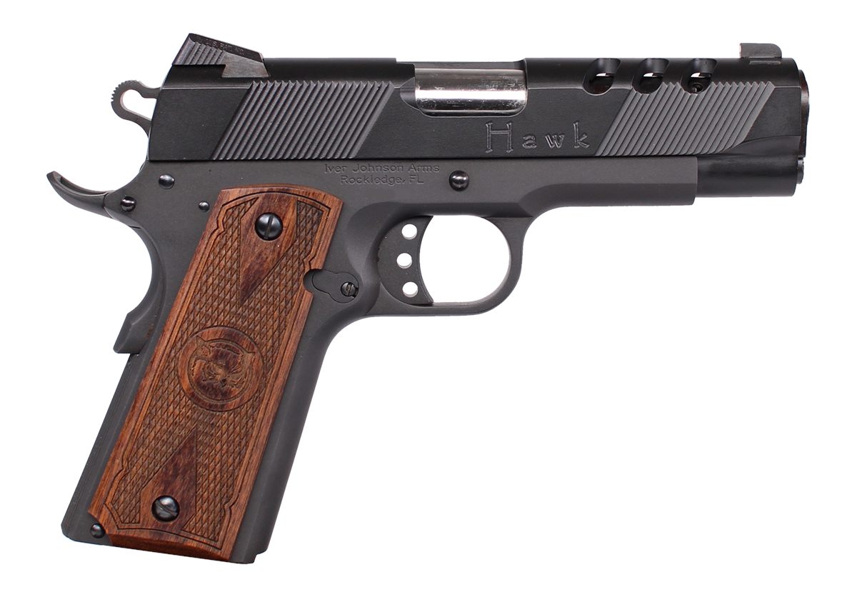 Iver Johnson Arms HAWK45P Hawk Commander 45 ACP 8+1 4.25" Black Ported Barrel, Matte Black Steel Ported/Serrated Slide, Matte Black Steel Frame w/Beavertail, Checkered Double Diamond Walnut Grip, Righ