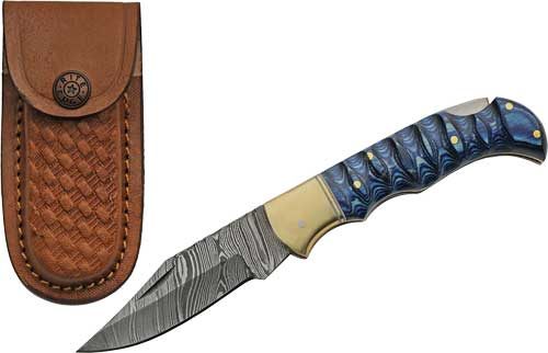 Szco Rite Edge 3in Blue Grooved Wood Damascus Lockback W/Shth