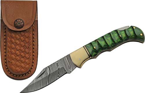 Szco Rite Edge 3in Green Grooved Wood Damascus Lockback